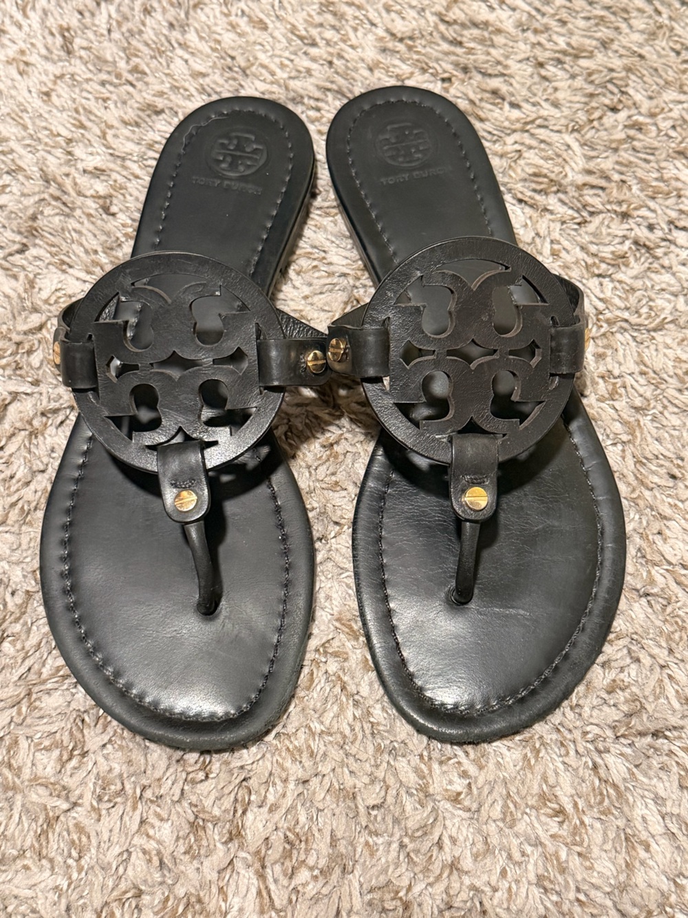 Tory Burch Black Leather Miller Logo Thong Sandals
